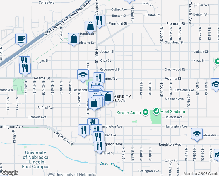 map of restaurants, bars, coffee shops, grocery stores, and more near 2949 North 49th Street in Lincoln
