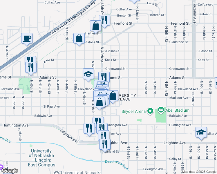 map of restaurants, bars, coffee shops, grocery stores, and more near 2949 North 49th Street in Lincoln