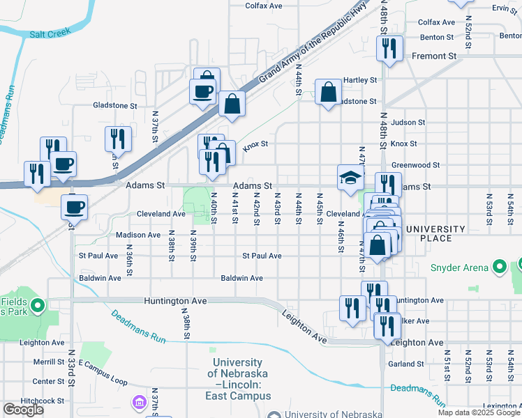 map of restaurants, bars, coffee shops, grocery stores, and more near 2930 North 42nd Street in Lincoln