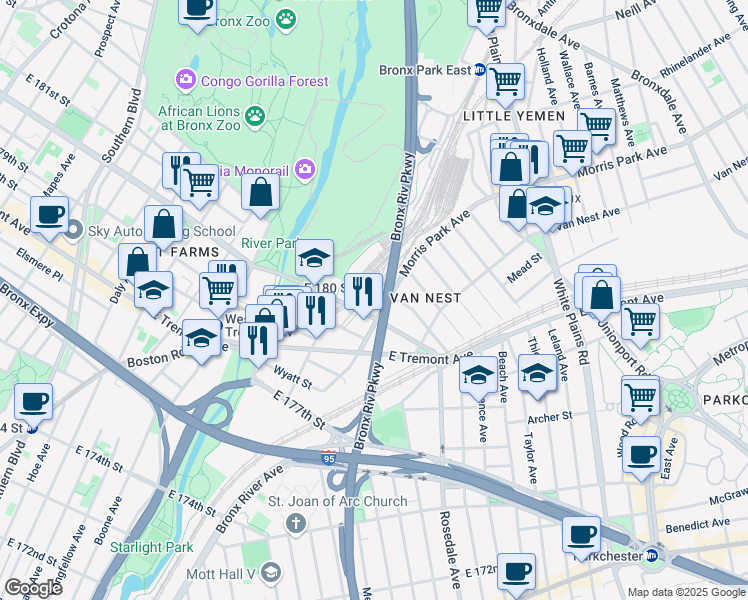 map of restaurants, bars, coffee shops, grocery stores, and more near 481 Morris Park Avenue in The Bronx
