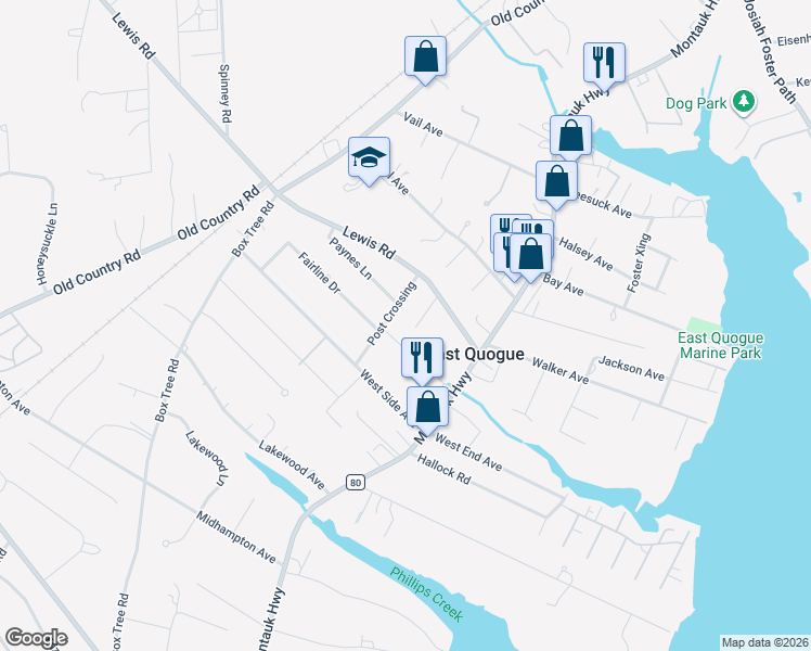 map of restaurants, bars, coffee shops, grocery stores, and more near 4 Mitchell Place in East Quogue
