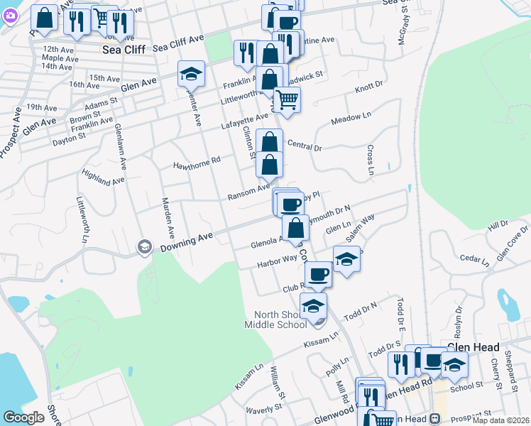 map of restaurants, bars, coffee shops, grocery stores, and more near 10 Leonard Place in Sea Cliff