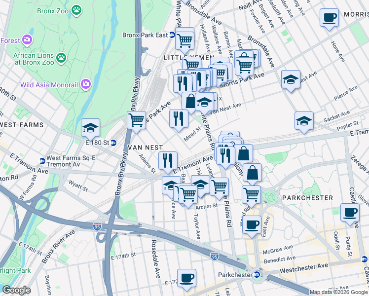 map of restaurants, bars, coffee shops, grocery stores, and more near 1653 Garfield Street in Bronx