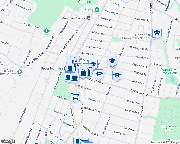 map of restaurants, bars, coffee shops, grocery stores, and more near 197 Lorraine Avenue in Montclair