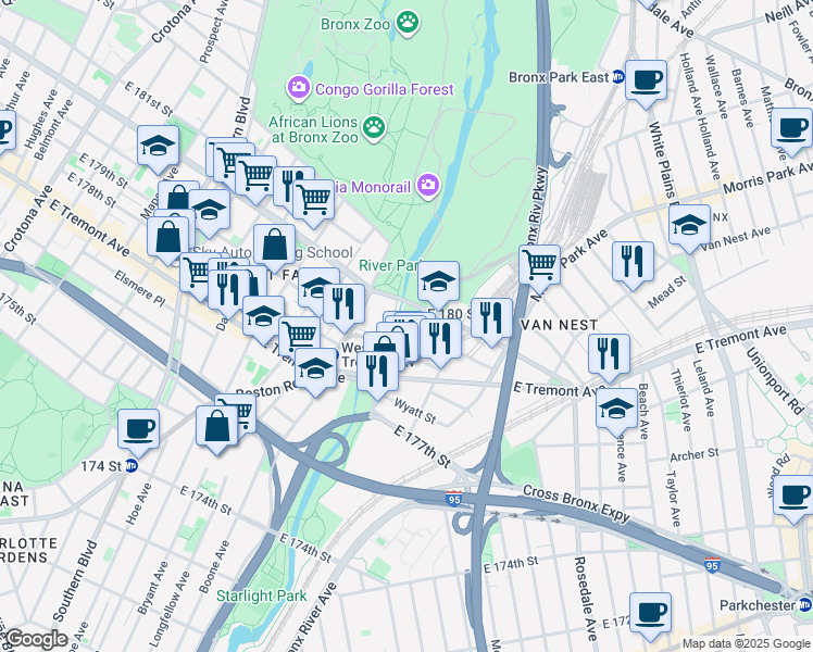 map of restaurants, bars, coffee shops, grocery stores, and more near 1086 East 180th Street in Bronx