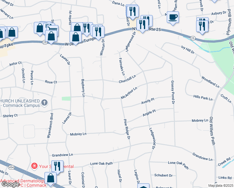 map of restaurants, bars, coffee shops, grocery stores, and more near 50 Churchill Lane in Smithtown