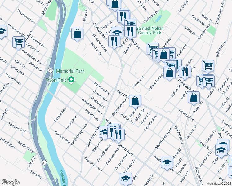 map of restaurants, bars, coffee shops, grocery stores, and more near 10B Triumph Court in East Rutherford