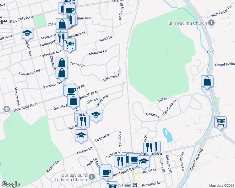 map of restaurants, bars, coffee shops, grocery stores, and more near 76 Plymouth Drive North in Glen Head