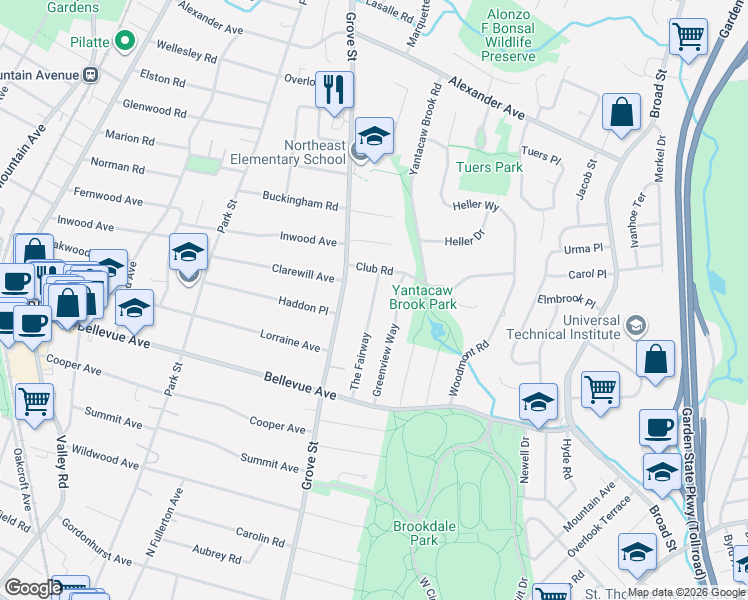 map of restaurants, bars, coffee shops, grocery stores, and more near 35 The Fairway in Montclair