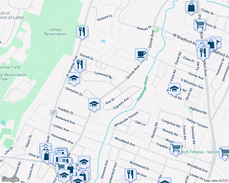 map of restaurants, bars, coffee shops, grocery stores, and more near 181 Grove Avenue in Verona