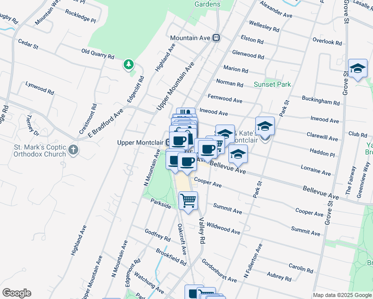 map of restaurants, bars, coffee shops, grocery stores, and more near 623 Valley Road in Montclair