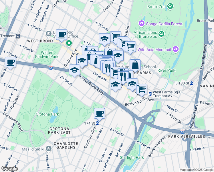map of restaurants, bars, coffee shops, grocery stores, and more near in The Bronx