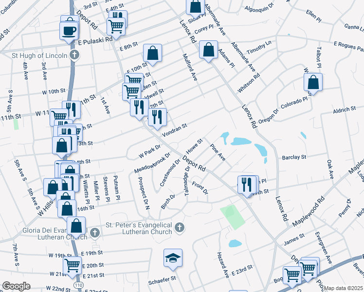 map of restaurants, bars, coffee shops, grocery stores, and more near 67 East Park Drive in Huntington Station