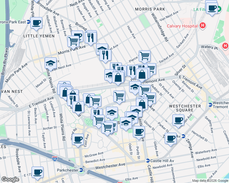 map of restaurants, bars, coffee shops, grocery stores, and more near 2205E East Tremont Avenue in Bronx