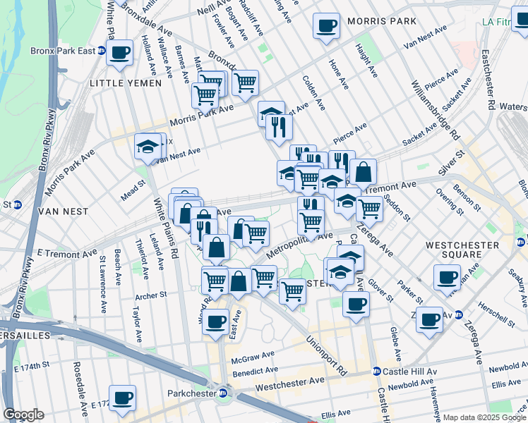 map of restaurants, bars, coffee shops, grocery stores, and more near 2040 East Tremont Avenue in Bronx