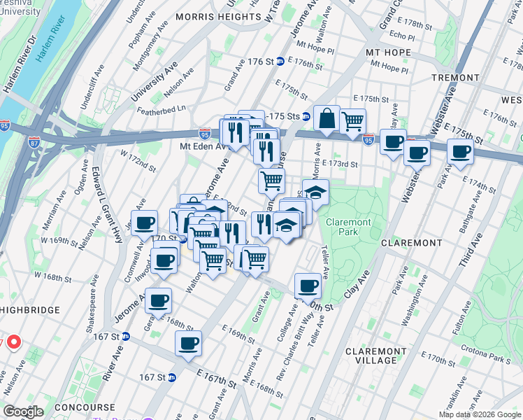 map of restaurants, bars, coffee shops, grocery stores, and more near 1555 Grand Concourse in The Bronx