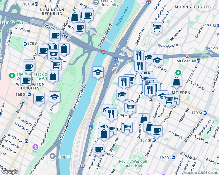 map of restaurants, bars, coffee shops, grocery stores, and more near 1340 Sedgwick Avenue in The Bronx