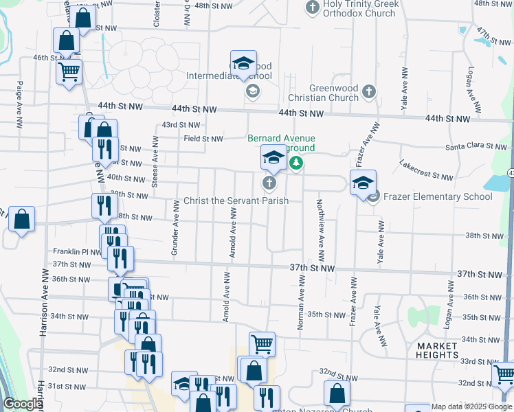 map of restaurants, bars, coffee shops, grocery stores, and more near 3828 Edgefield Avenue Northwest in Canton