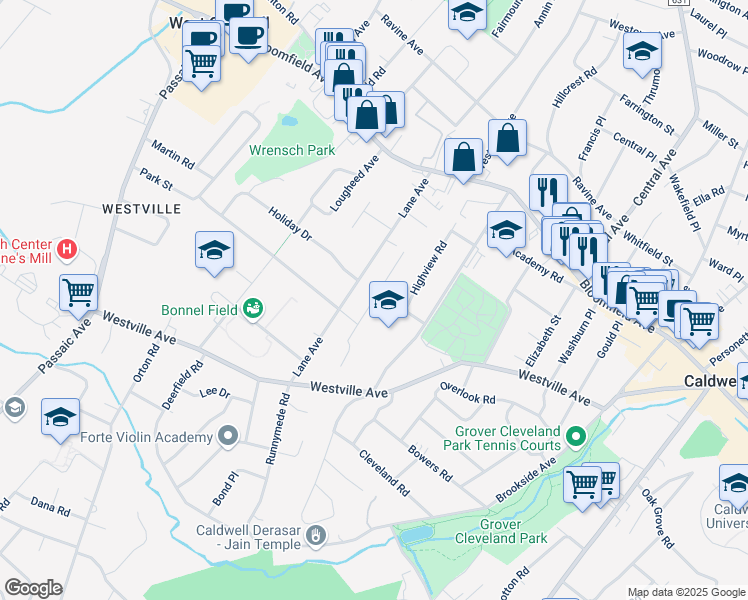 map of restaurants, bars, coffee shops, grocery stores, and more near 18 Park Terrace North in Caldwell