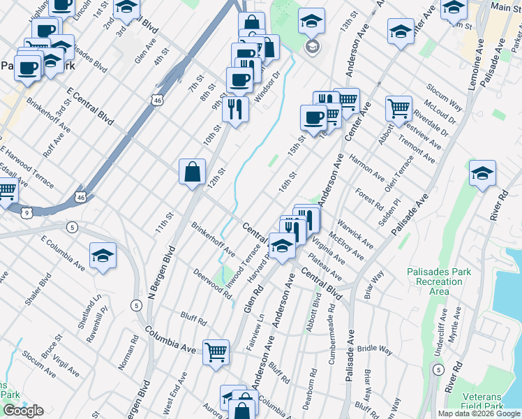 map of restaurants, bars, coffee shops, grocery stores, and more near 1225 15th Street in Fort Lee