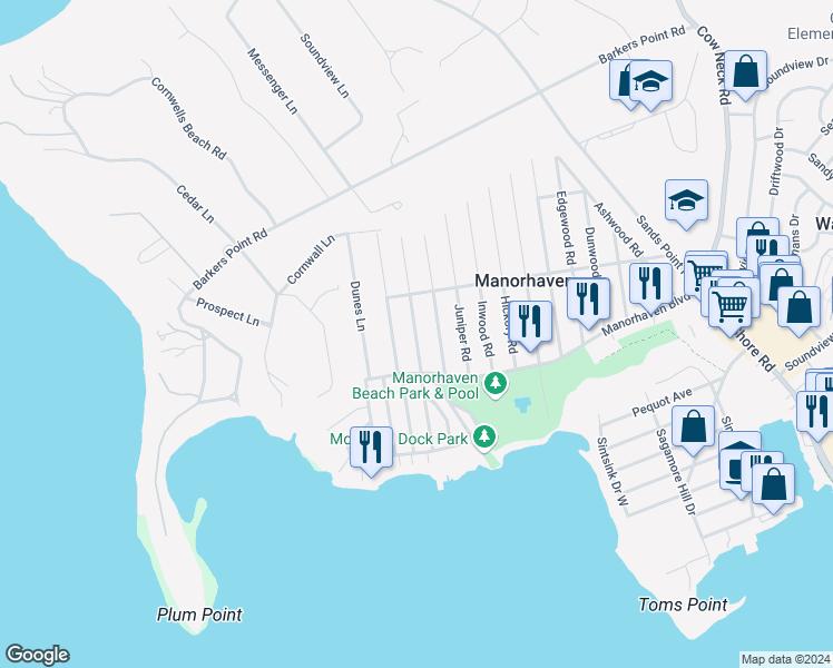 map of restaurants, bars, coffee shops, grocery stores, and more near 24 B Linwood Road North in Sands Point