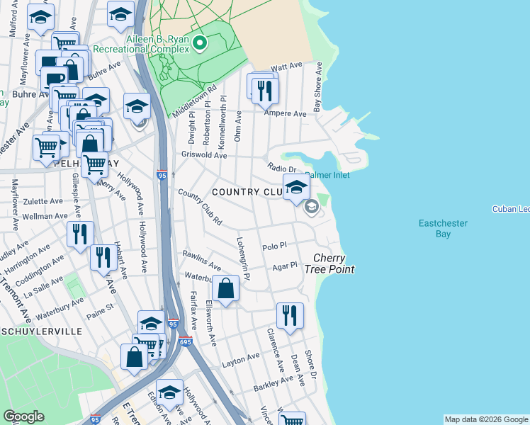 map of restaurants, bars, coffee shops, grocery stores, and more near 1435 Reed Place in The Bronx