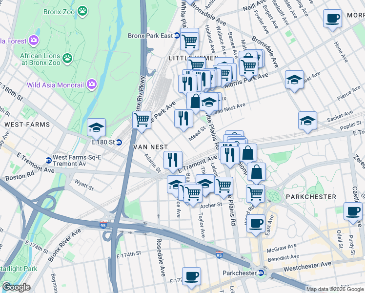 map of restaurants, bars, coffee shops, grocery stores, and more near 1653 Garfield Street in Bronx