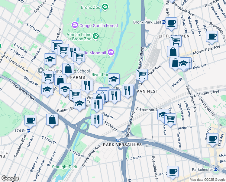 map of restaurants, bars, coffee shops, grocery stores, and more near 1129 East 180th Street in Bronx