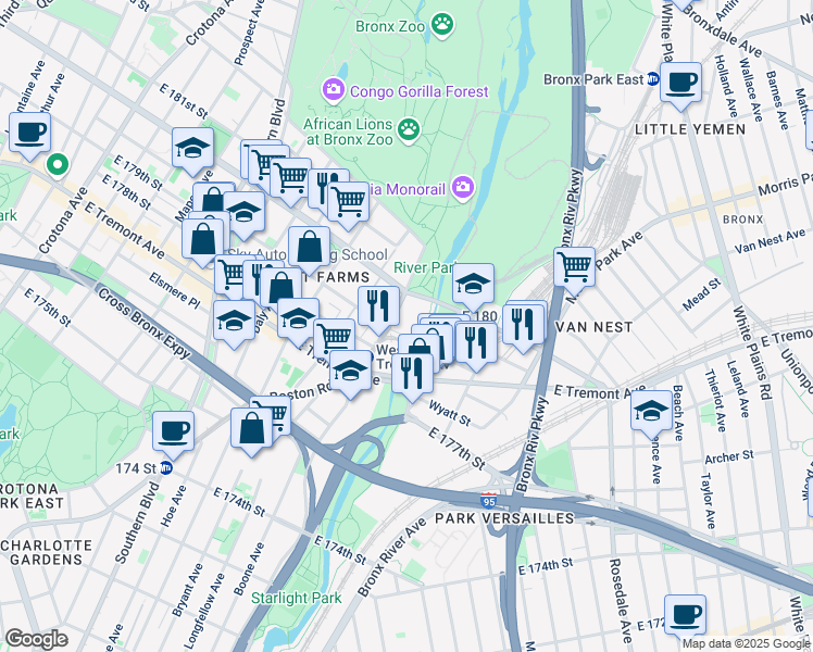 map of restaurants, bars, coffee shops, grocery stores, and more near 2082 Boston Road in The Bronx