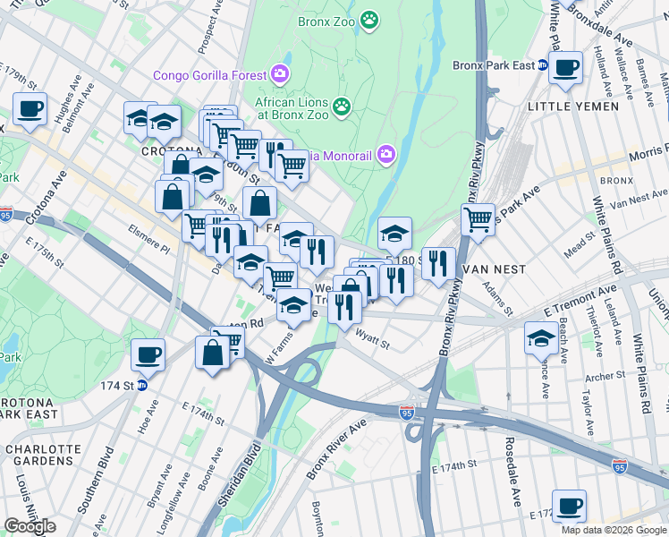 map of restaurants, bars, coffee shops, grocery stores, and more near 2082 Boston Road in The Bronx