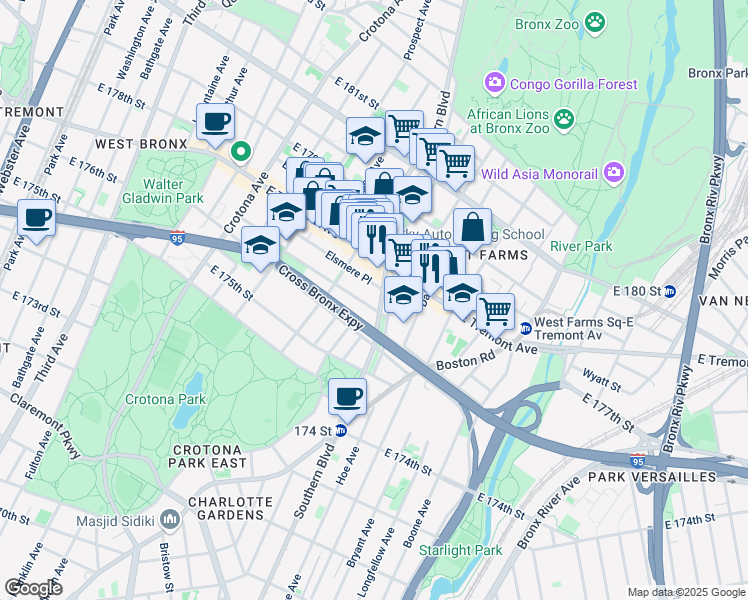 map of restaurants, bars, coffee shops, grocery stores, and more near in The Bronx