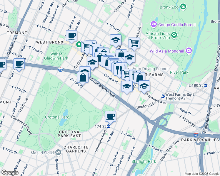 map of restaurants, bars, coffee shops, grocery stores, and more near 867 Fairmount Place in The Bronx