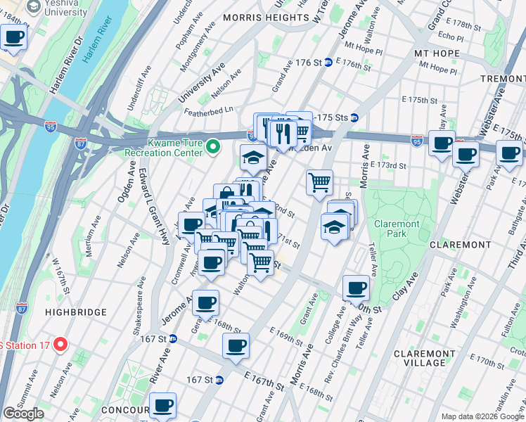 map of restaurants, bars, coffee shops, grocery stores, and more near 1477 Townsend Avenue in The Bronx