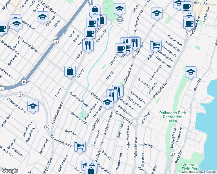 map of restaurants, bars, coffee shops, grocery stores, and more near 461 Palisades Boulevard in Fort Lee