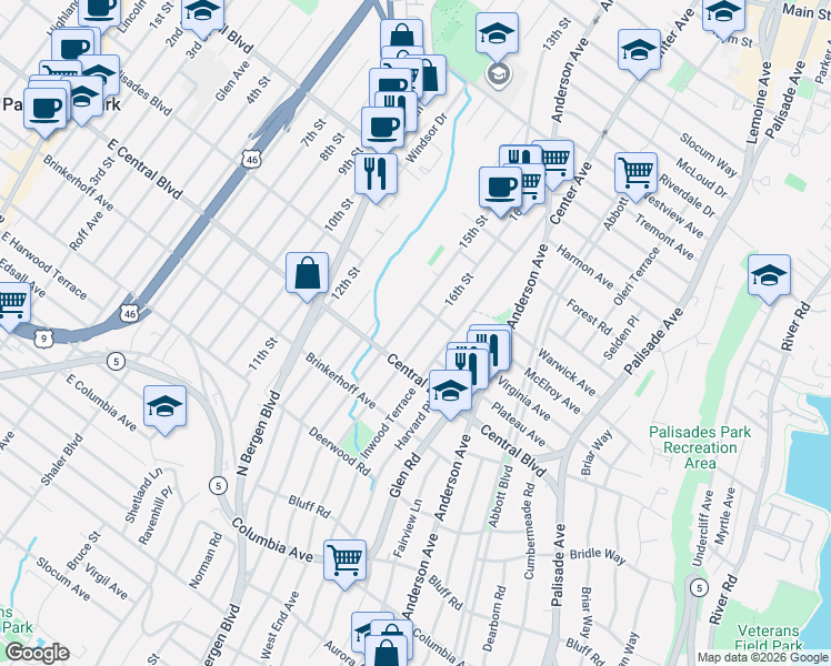map of restaurants, bars, coffee shops, grocery stores, and more near 1225 15th Street in Fort Lee