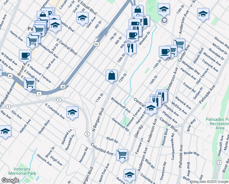 map of restaurants, bars, coffee shops, grocery stores, and more near 416 East Central Boulevard in Palisades Park