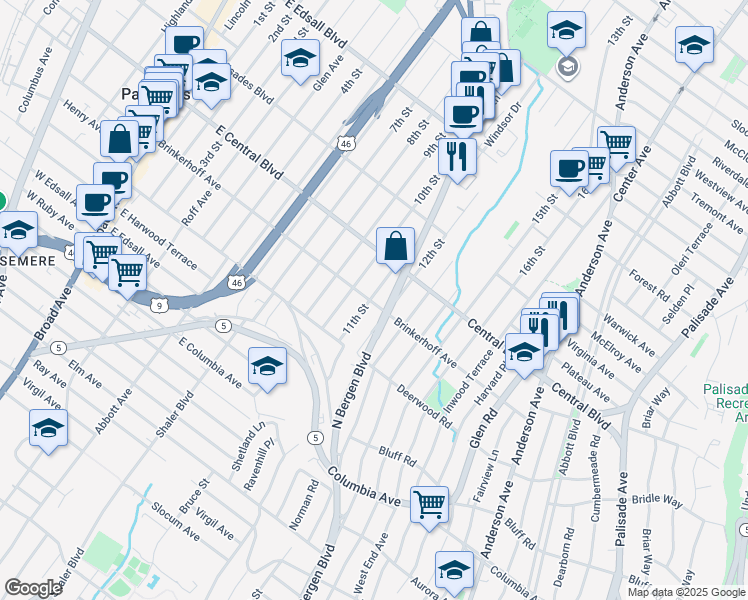 map of restaurants, bars, coffee shops, grocery stores, and more near 257 11th Street in Palisades Park