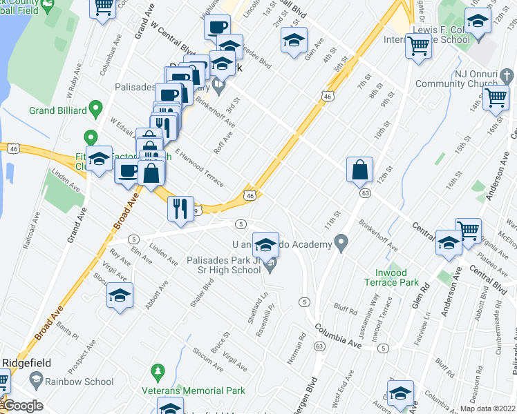 map of restaurants, bars, coffee shops, grocery stores, and more near 113 Temple Terrace in Palisades Park