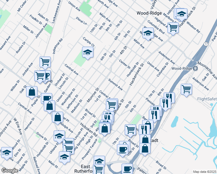 map of restaurants, bars, coffee shops, grocery stores, and more near 566 2nd Street in Carlstadt
