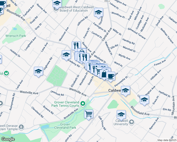 map of restaurants, bars, coffee shops, grocery stores, and more near 433 Bloomfield Avenue in Caldwell