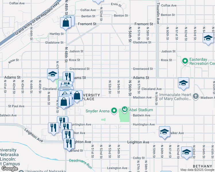 map of restaurants, bars, coffee shops, grocery stores, and more near 2936 North 52nd Street in Lincoln