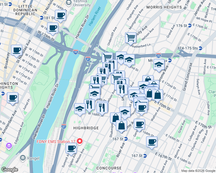 map of restaurants, bars, coffee shops, grocery stores, and more near in The Bronx