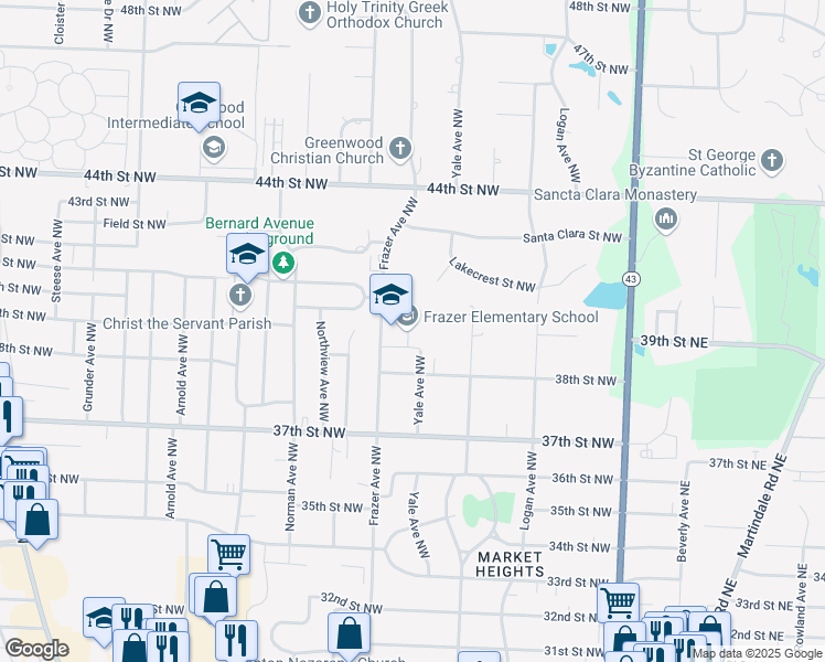 map of restaurants, bars, coffee shops, grocery stores, and more near 3900 Frazer Avenue Northwest in Canton