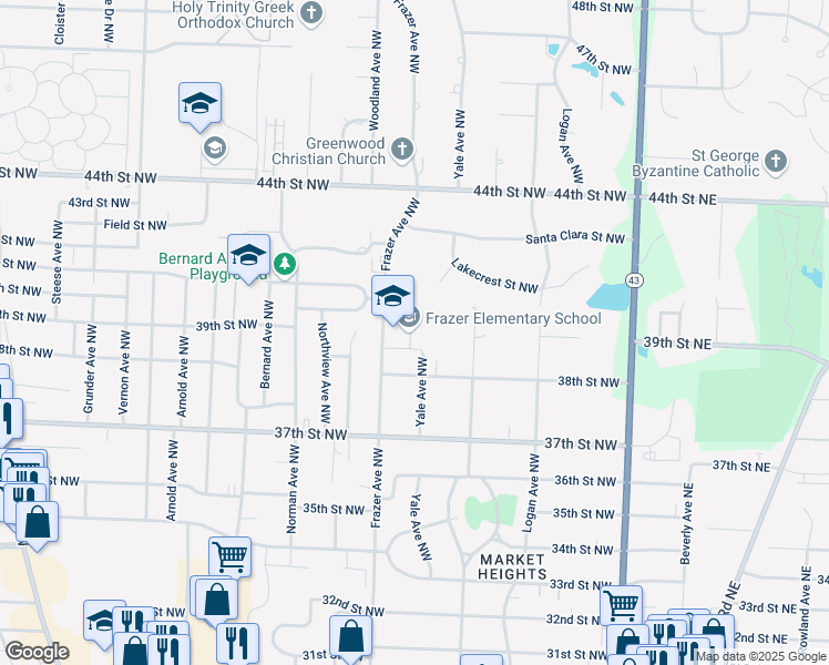 map of restaurants, bars, coffee shops, grocery stores, and more near 3900 Frazer Avenue Northwest in Canton
