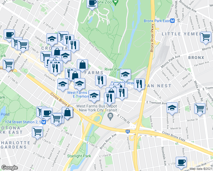 map of restaurants, bars, coffee shops, grocery stores, and more near 2064 Boston Road in Bronx