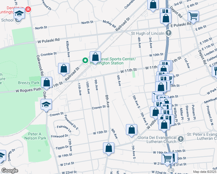 map of restaurants, bars, coffee shops, grocery stores, and more near 10 8th Avenue in Huntington Station