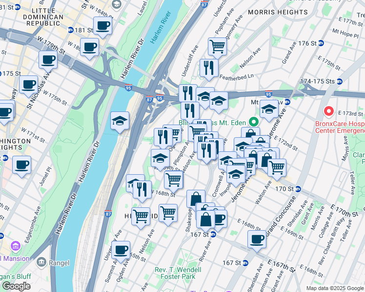 map of restaurants, bars, coffee shops, grocery stores, and more near 1355 Plimpton Avenue in Bronx