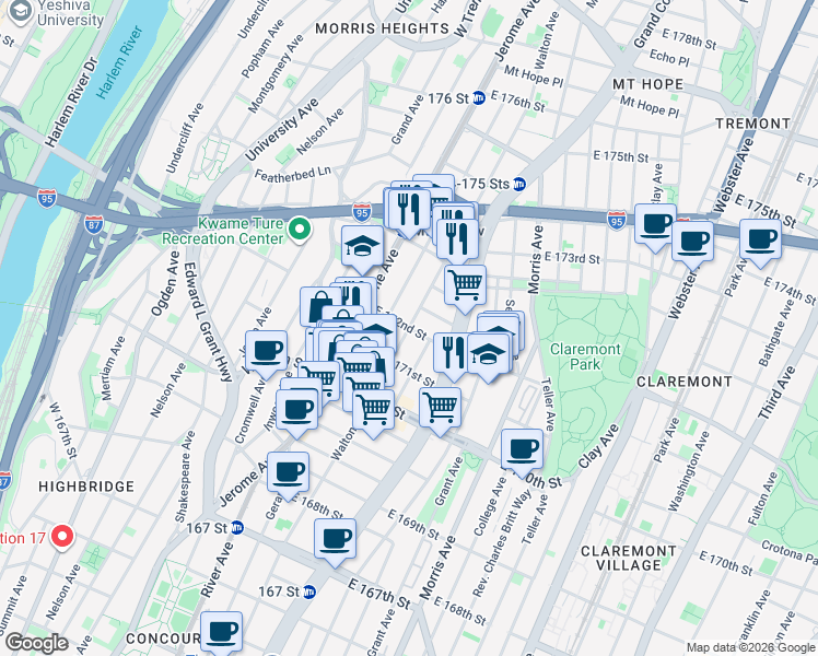 map of restaurants, bars, coffee shops, grocery stores, and more near Walton Avenue & East 172nd Street in Bronx
