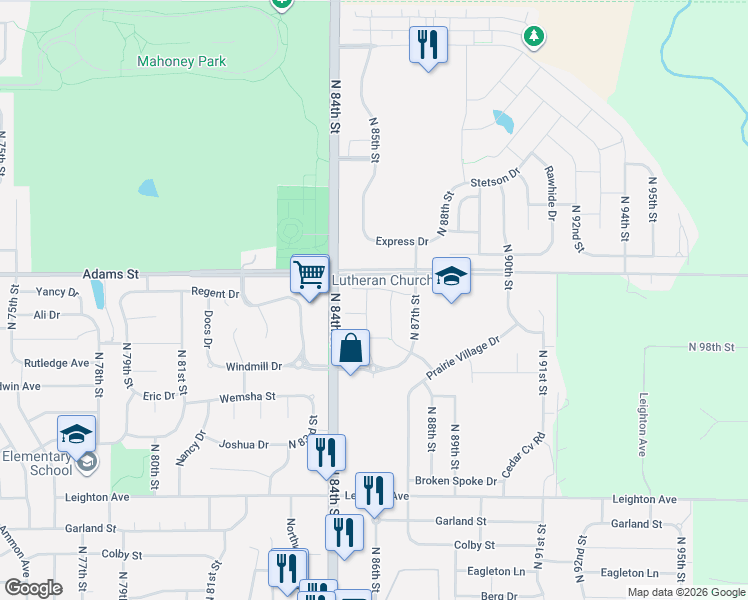 map of restaurants, bars, coffee shops, grocery stores, and more near 8501 Adams Street in Lincoln