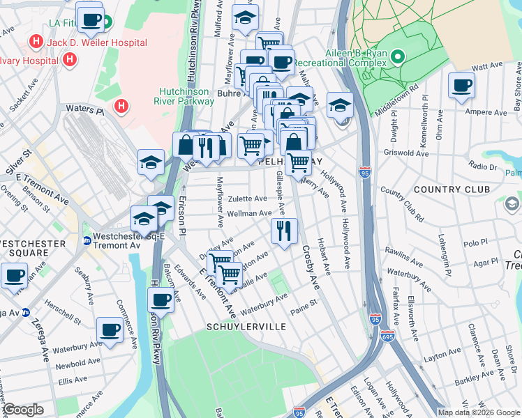 map of restaurants, bars, coffee shops, grocery stores, and more near 2936 Zulette Avenue in The Bronx